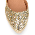 Gold Glitter Woman wedge espadrilles shoes with ribbons closure.