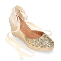 Gold Glitter Woman wedge espadrilles shoes with ribbons closure.