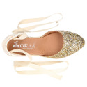 Gold Glitter Woman wedge espadrilles shoes with ribbons closure.