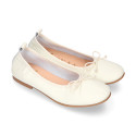 Soft Nappa leather classic girl ballet flats with adjustable ribbon in Ivory color.