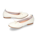 Soft Nappa leather classic girl ballet flats with adjustable ribbon in Ivory color.