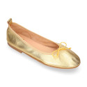 Soft Nappa leather classic girl ballet flats with adjustable ribbon in Gold color.