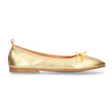 Soft Nappa leather classic girl ballet flats with adjustable ribbon in Gold color.