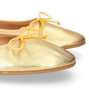 Soft Nappa leather classic girl ballet flats with adjustable ribbon in Gold color.