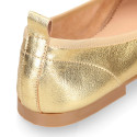 Soft Nappa leather classic girl ballet flats with adjustable ribbon in Gold color.