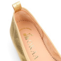Soft Nappa leather classic girl ballet flats with adjustable ribbon in Gold color.