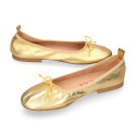 Soft Nappa leather classic girl ballet flats with adjustable ribbon in Gold color.