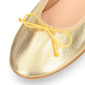 Soft Nappa leather classic girl ballet flats with adjustable ribbon in Gold color.