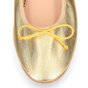 Soft Nappa leather classic girl ballet flats with adjustable ribbon in Gold color.