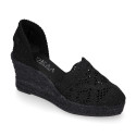 Black Lace Cotton Canvas women espadrille shoes.