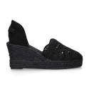 Black Lace Cotton Canvas women espadrille shoes.