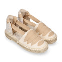 Cotton Canvas Girl espadrille shoes with ties closure design in trendy colors.