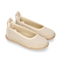 Girl natural linen canvas Ballet flat shoes espadrille style with ties closure.