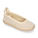 Girl natural linen canvas Ballet flat shoes espadrille style with ties closure.