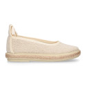 Girl natural linen canvas Ballet flat shoes espadrille style with ties closure.