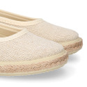 Girl natural linen canvas Ballet flat shoes espadrille style with ties closure.