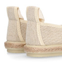 Girl natural linen canvas Ballet flat shoes espadrille style with ties closure.