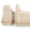 Girl natural linen canvas Ballet flat shoes espadrille style with ties closure.