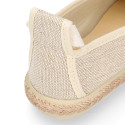 Girl natural linen canvas Ballet flat shoes espadrille style with ties closure.