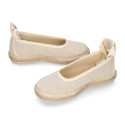 Girl natural linen canvas Ballet flat shoes espadrille style with ties closure.