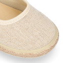 Girl natural linen canvas Ballet flat shoes espadrille style with ties closure.