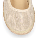 Girl natural linen canvas Ballet flat shoes espadrille style with ties closure.