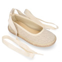 Girl natural linen canvas Ballet flat shoes espadrille style with ties closure.