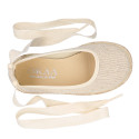 Girl natural linen canvas Ballet flat shoes espadrille style with ties closure.