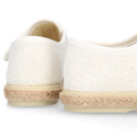 White linen canvas oxford shoe espadrille style with hook and loop closure.