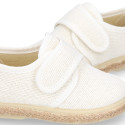 White linen canvas oxford shoe espadrille style with hook and loop closure.