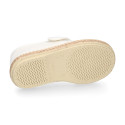 White linen canvas oxford shoe espadrille style with hook and loop closure.
