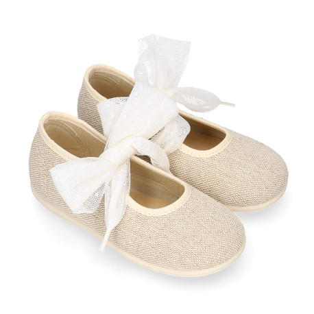 Girl natural linen canvas Mary Jane shoes angel style with plumeti ribbon closure.