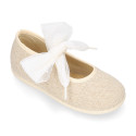 Girl natural linen canvas Mary Jane shoes angel style with plumeti ribbon closure.