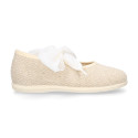 Girl natural linen canvas Mary Jane shoes angel style with plumeti ribbon closure.