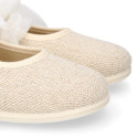 Girl natural linen canvas Mary Jane shoes angel style with plumeti ribbon closure.