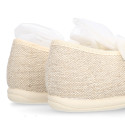 Girl natural linen canvas Mary Jane shoes angel style with plumeti ribbon closure.