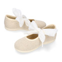 Girl natural linen canvas Mary Jane shoes angel style with plumeti ribbon closure.