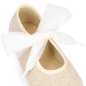 Girl natural linen canvas Mary Jane shoes angel style with plumeti ribbon closure.