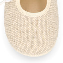 Girl natural linen canvas Mary Jane shoes angel style with plumeti ribbon closure.