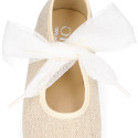 Girl natural linen canvas Mary Jane shoes angel style with plumeti ribbon closure.