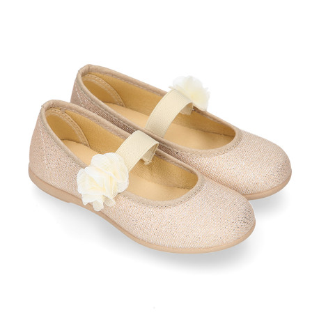 Shiny Canvas Ballet flat shoes with elastic band with flower.