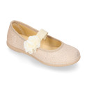Shiny Canvas Ballet flat shoes with elastic band with flower.