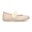 Shiny Canvas Ballet flat shoes with elastic band with flower.