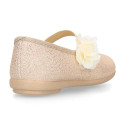 Shiny Canvas Ballet flat shoes with elastic band with flower.