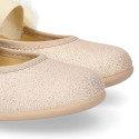 Shiny Canvas Ballet flat shoes with elastic band with flower.