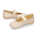 Shiny Canvas Ballet flat shoes with elastic band with flower.