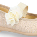 Shiny Canvas Ballet flat shoes with elastic band with flower.