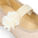 Shiny Canvas Ballet flat shoes with elastic band with flower.