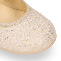 Shiny Canvas Ballet flat shoes with elastic band with flower.