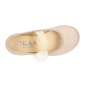 Shiny Canvas Ballet flat shoes with elastic band with flower.